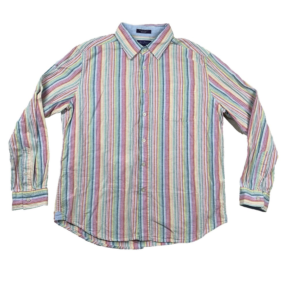 Alan Flusser Shirt Mens L Linen Blend Vertical Stripes Preppy Beachy Rainbow